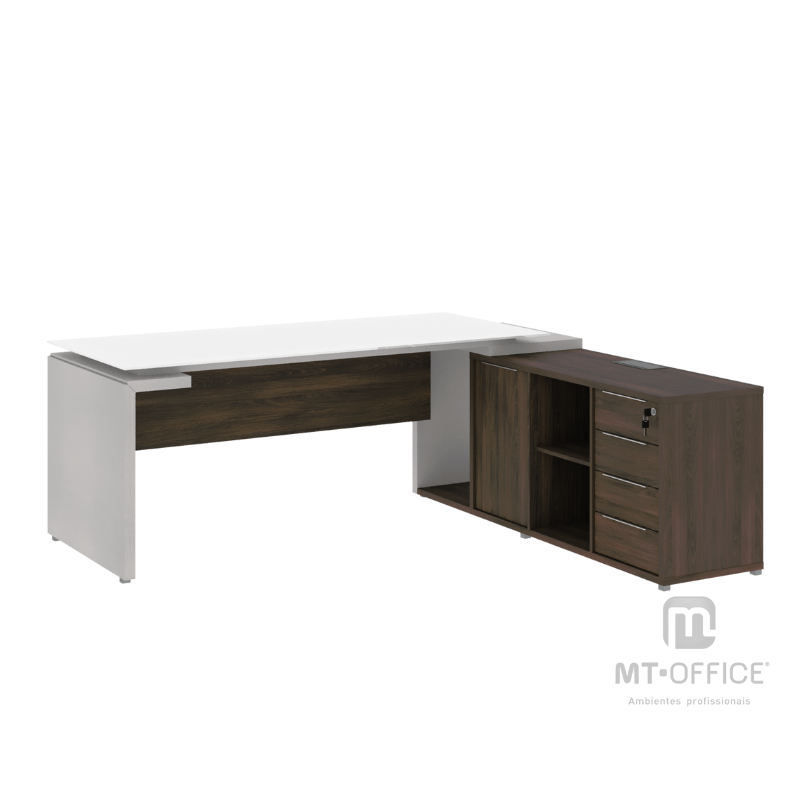 Mesa Diretor Dinâmica em L c/ Tampo em Vidro (opcional) e Armário Pedestal - Edge