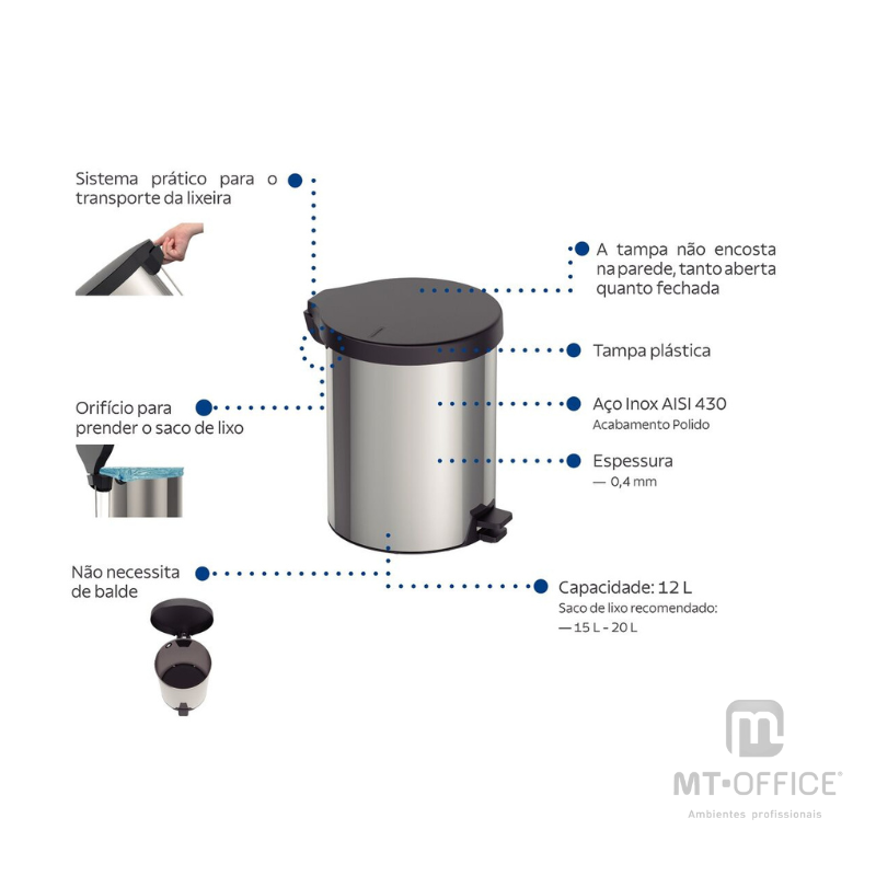 Lixeira com Pedal New Tramontina em Aço Inox com Acabamento Polido - 12 L - Imagem 4