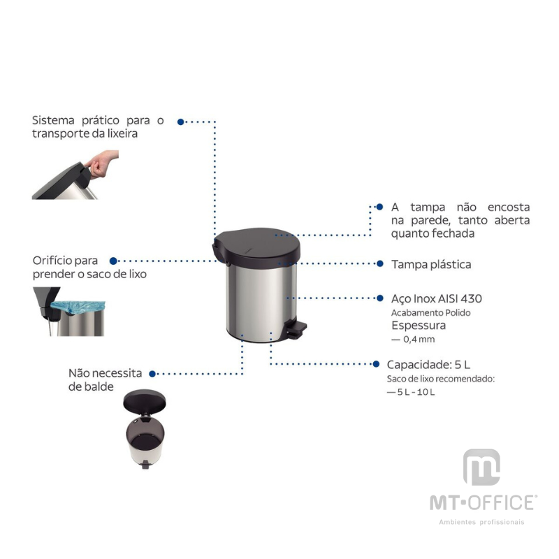 Lixeira com Pedal New Tramontina em aço inox com acabamento polido - 5 L - Imagem 3